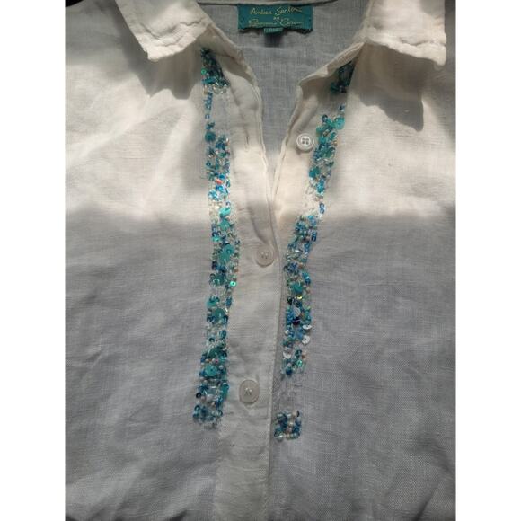 Antica Sartoria Beaded Embroidered Button Down Linen Tunic Size XL White Coastal - Picture 11 of 14